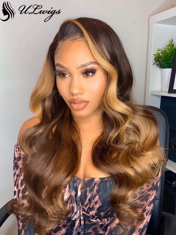 Chestnut Brown Mix Blonde Wavy HD Lace Frontal Wigs