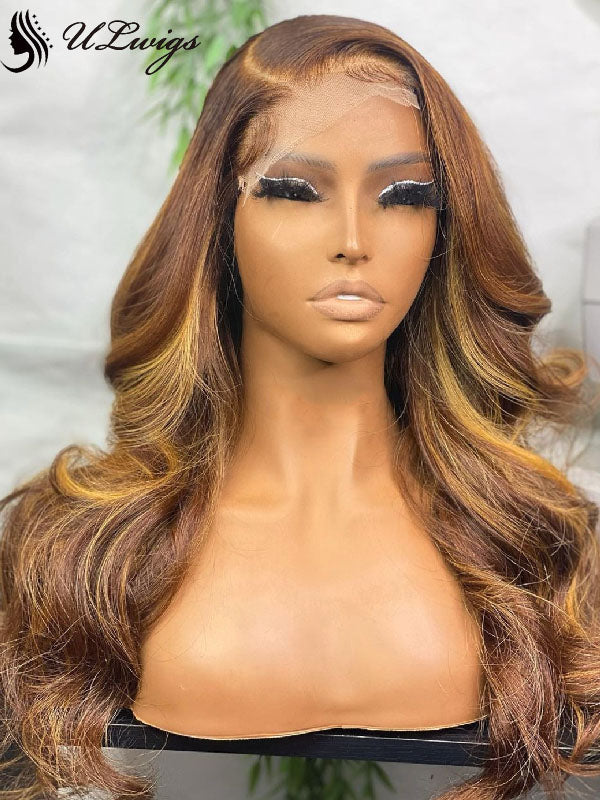 Perruque Lace Front Ondulée Ombré Caramel Miel - Highlight Blonde"
