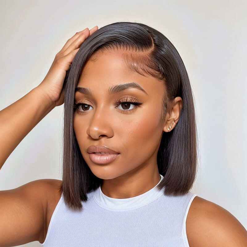 Perruque Bob Lace Front Wig 100% cheveux humains lisses 13x4 sans colle