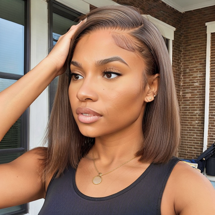 Perruque Bob Lace Front Wig 100% cheveux humains lisses 13x4 sans colle