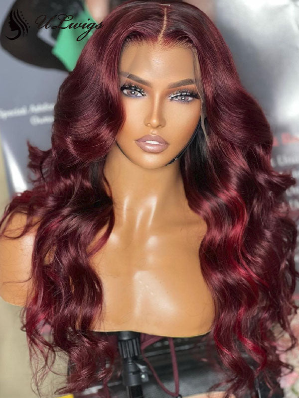 "Perruque Lace Front Ondulée Ombré Bordeaux Prune - Purple Wine"