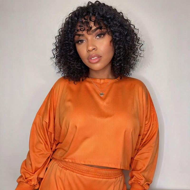 Perruque Courte Sans Colle En Dentelle Minimaliste Ondulée Avec Frange